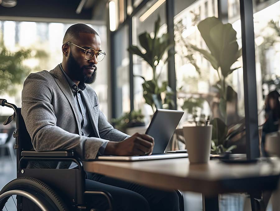 man working on laptop from wheelchair